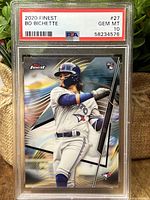 Front of 2020 Bo Bichette Finest #27 baseball card graded PSA 10 Gem Mint.