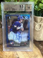 Front of the graded 2016 Bowman Chrome Draft Cavan Biggio blue refractor autograph card.