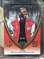 Front of the Michael Jordan Legacy basketball card showing him in a red and black jacket with NBA 50th anniversary patch and Bulls number 23.