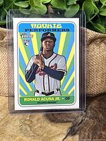 Front of Ronald Acuna Jr Topps Heritage Rookie card showing player image and 'Rookie Performers' design.