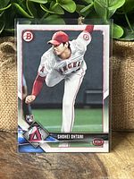 Front of Shohei Ohtani 2018 Bowman rookie card showing action image of pitcher in Angels uniform.