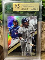 Front of the 2019 Topps Gold Label Vladimir Guerrero Jr rookie card graded GEM MINT 9.5 in protective slab, showing holographic gold label and image of player batting.