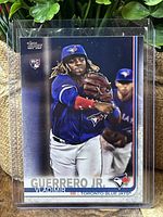 Front of the Vladimir Guerrero Jr. Topps US1 rookie card showing the player in action in Blue Jays uniform.