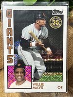 Front side of 1984 Topps 35th Anniversary Willie Mays baseball card in mint condition with silver mojo reflective pattern.