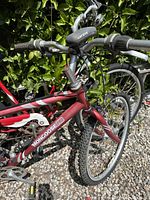Mongoose Pro mountain bike in red showing front suspension fork, knobby tires, CatEye light mount on handlebars, frame with surface rust and dust