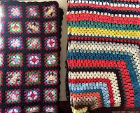 Pair of crochet afghans side by side, showing the granny square and diagonal striped patterns.