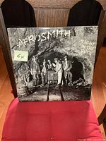 Front cover of the Aerosmith Night in the Ruts vinyl album showing band members in a mine shaft with handwritten-styled album title and band name.