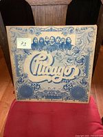 Front cover of Chicago VI album showing band photo and artwork in blue and white.