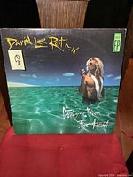 Front cover of the vintage David Lee Roth LP album Crazy From The Heat featuring David Lee Roth in water with a bright blue sky and clouds.