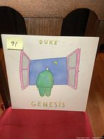 Front cover of Genesis Duke album featuring cartoon man looking out window with night sky background.