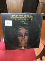 Front cover of Steppenwolf Gold Their Greatest Hits vinyl album, showing the stylized portrait and title text.