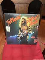 Front cover of Ted Nugent's "State of Shock" vinyl LP showing Ted Nugent playing guitar on stage with dramatic lighting and bold title text.