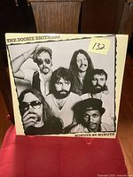 Front cover of The Doobie Brothers Minute by Minute album showing black and white group photo of band members.