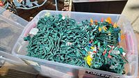 Clear plastic storage container filled with multicolor holiday string lights on green wires, showing a tangled bundle of lights with assorted colored bulbs.