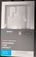 Photo of one clear phone case in original Speck packaging showing branding and product details, including impact protection and stay-clear technology.