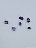 Six loose faceted amethyst gemstones displayed on a white background showing their shape and color.