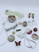 Photo showing all jewelry items arranged on white background, including necklaces, bracelets, earrings, brooches, and pendants