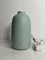 Front view of the light green essential oil diffuser with AC adapter cord coiled beside it, showing its rounded vertical design and smooth matte finish.