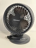 Front view of the black Sunbeam Blizzard desk fan showing swirl blade grille and Sunbeam logo on base.