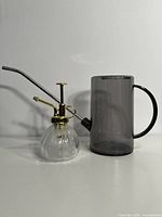 Full view of the watering can and spritzer side by side on a white surface against a white background.