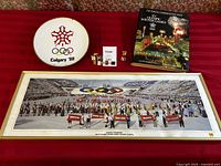 Full lot including commemorative plate, framed photo, official Olympic book and pin collection displayed on red cloth