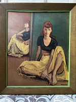 Full view of framed reproduction lithograph print by M. Soyer showing a seated dancer and reflection, housed in a wooden frame with green border accents.