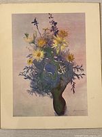 Frontal view of the watercolor painting showing a bouquet of daisies, stock, delphinium, and larkspur in a vase with pastel background.