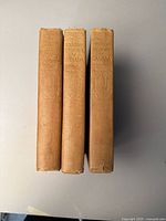 Front view of three volumes standing upright, showing the spines with titles and embossed decorative details.