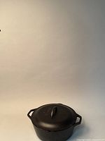 Closed view of the black Lodge cast iron pot with lid and two handles against plain background.