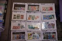 Photo showing 12 stock cards of China stamps laid out in rows and labeled 'CHINA'. Visible stamps include historical figures, architecture, flowers, and commemorative designs in various colors and sizes.