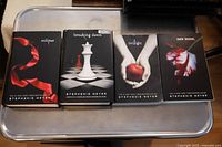 Four Twilight Saga books - Eclipse, Breaking Dawn, Twilight, and New Moon - shown from front cover view.