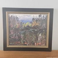 Frontal image of the framed abstract forest oil painting signed 'de Blois - 67'. Shows colors, brushwork, and framing.