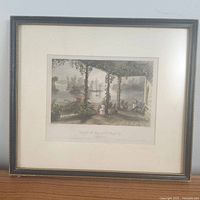 Full view of the framed hand-colored steel engraving showing the veranda and river scene.
