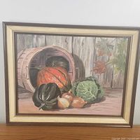 Framed original acrylic painting showing the full artwork including a rustic wooden basket with squash, cabbage, onions on a wooden surface, barnwood backdrop, signed by Kay Gillespie
