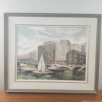 Full view of framed oil painting showing city marina with sailboats, crowds, and buildings in the background.