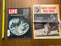 Life magazine titled 'The Incredible Year 68' and a special Toronto Telegram supplement titled 'Man's Victory Over Space'