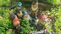 Five ceramic garden gnomes in garden setting with greenery and stone background, various sizes, used condition.