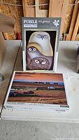 Photo of two boxed 500-piece jigsaw puzzles placed on a table in a storage area. One box shows an indigenous art style owl illustration with three owls on the cover. The other box features a countryside landscape photo of Cousins Shore, Prince Edward Island, primarily farmland and buildings, at sunset or dusk.