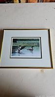 Front view of medium-sized framed artwork depicting two birds on water, surrounded by white matting and enclosed in a gold frame.
