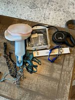 Overview of all dog accessories including leashes, water bottle, collars, and pouches on wood floor