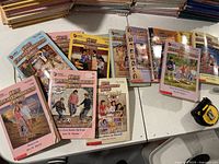 Photo showing individual books with colorful cover illustrations from the Babysitters Club series, including several distinct titles like 'Mary Anne Breaks the Rules',' Jessi's Big Sister', and 'Stacey's Broken Heart'