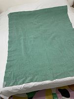 Photo showing the full green wool blanket spread on a white bed, visible texture and stitch hemmed edges, with two small pins on corner.