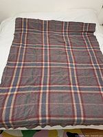 Full view of vintage wool plaid blanket showing the full pattern and size.
