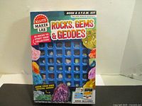 Front view of the Klutz Maker Lab Rocks, Gems & Geodes kit box showing colorful labeled display and kit information.