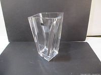 Front view of clear Davinci crystal vase showing angular rectangular shape with multiple facets.