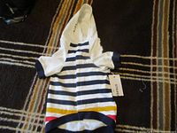 Front view of the new Hudson Bay pet hoodie in medium size showing striped pattern with navy, white, yellow, and red colors and white hood.