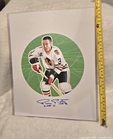 Full view of the large signed photo of Pierre Pilote in Chicago Blackhawks uniform with green background and white border.