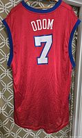 Back view of jersey showing 'ODOM' and number 7 in white with blue outline on red fabric with blue trim.