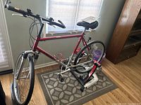 Red Rover S4.3 road bike mounted on an indoor bike trainer positioned on a patterned rug in a room with hardwood flooring.