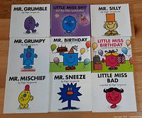 Front covers of nine Roger Hargreaves Mr. Men and Little Miss books laid out in three-by-three grid